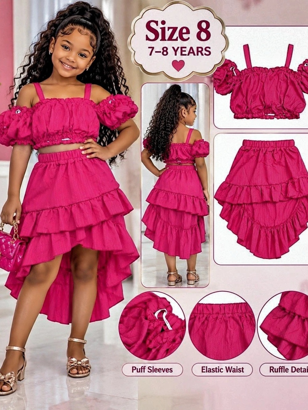 BNY Corner 3 Piece Off Shoulder Crop Top Ruffle Layered Top Flower Girl Skirt